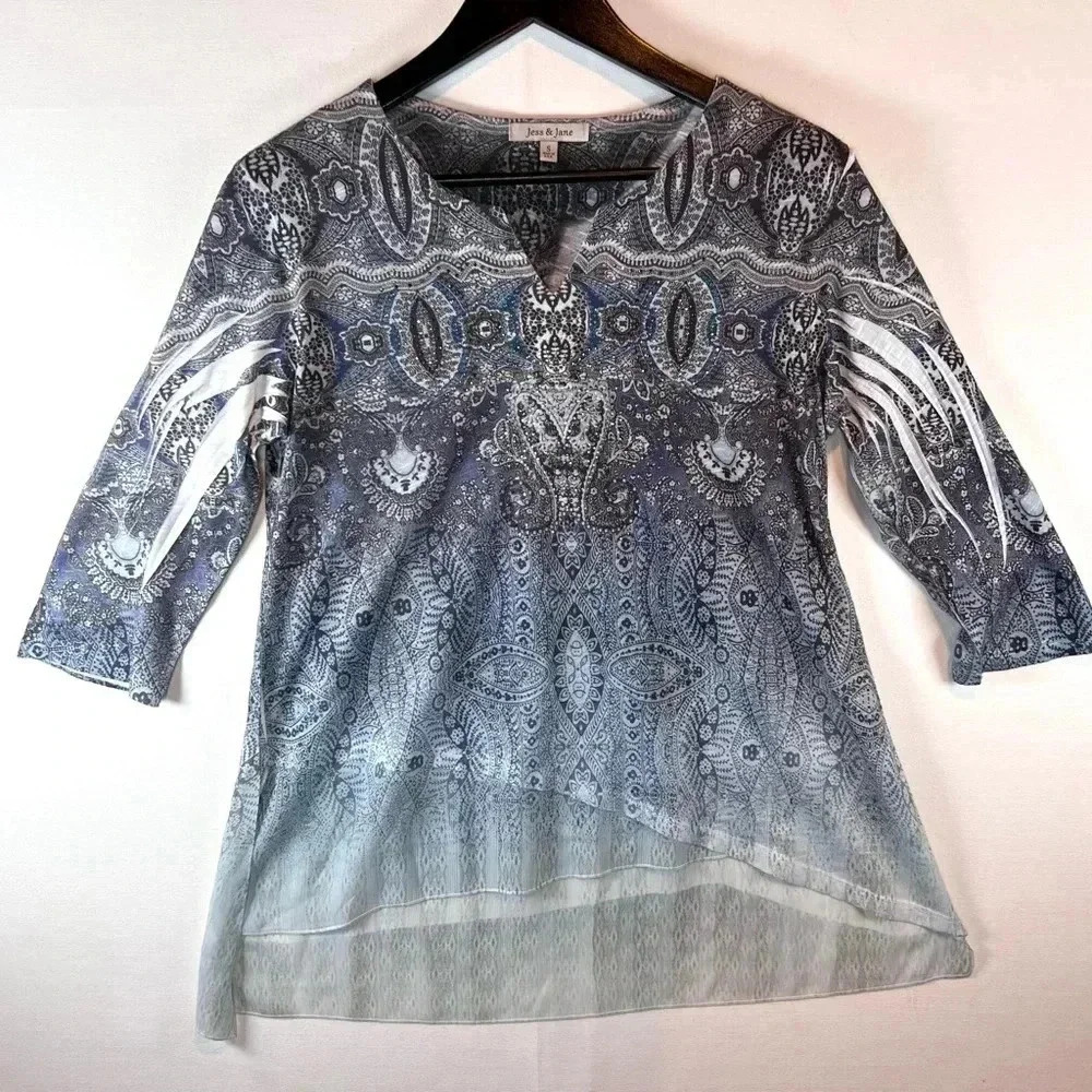 Jess & Jane Rhinestone flowy tunic top size S notch‎ neck asymmetric hem artsy